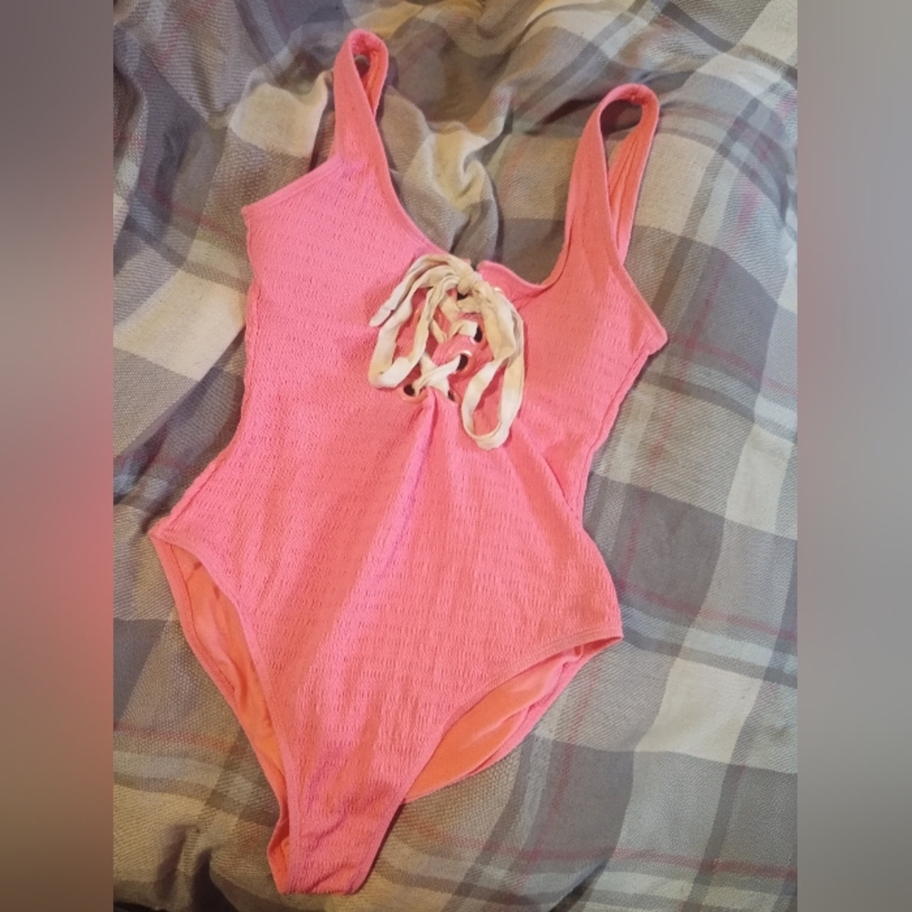 No Boundaries Pink Smocked Lace-Up One Piece Swimsuit - Size Large